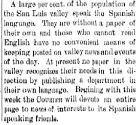 San Luis Valley paper announces a new Spanish page for the large % of the Valley’s population who speak Spanish