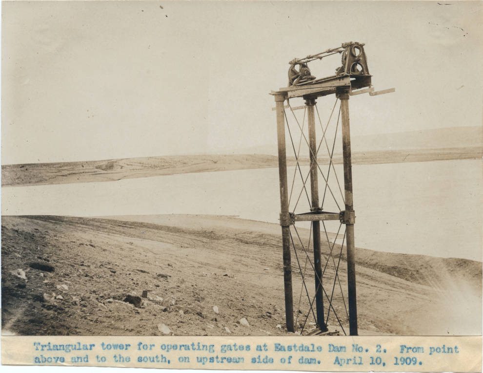 Triangular towers guarding Eastvale Dam no. 2, April 10, 1909